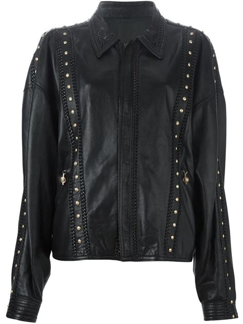 versace leather jacket ladies|Versace black denim jacket.